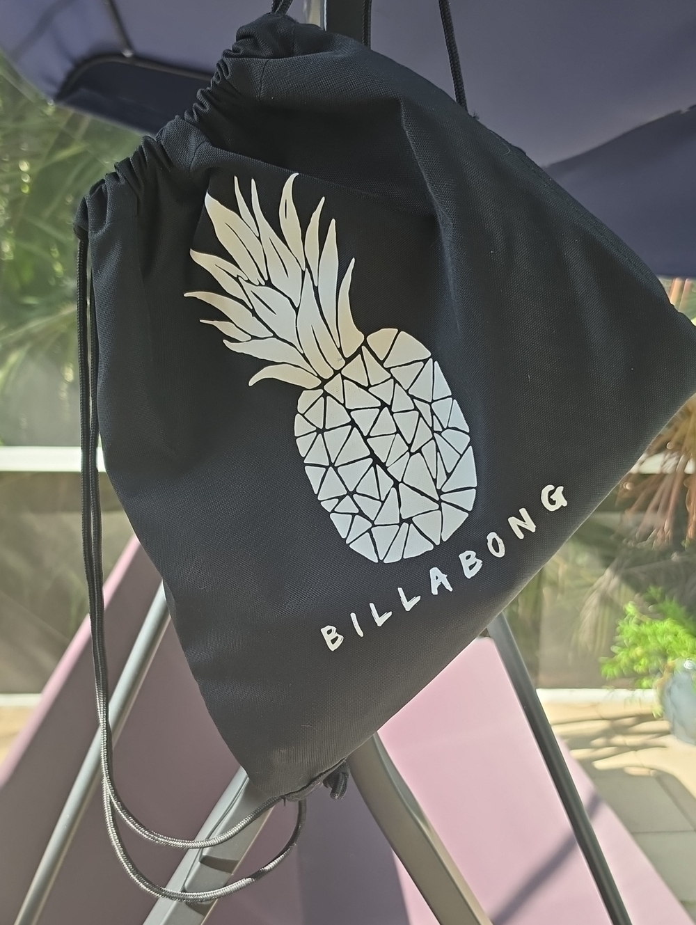 BILLABONG "Pina Daze" Black Drawstring Backpack with White Pineapple Graphic